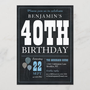 40th Birthday Chalkboard Blue Balloon Rustic Chic Invitation