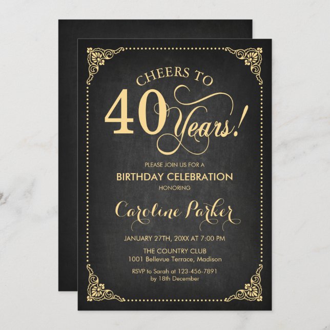 40th Birthday - Chalkboard Gold Invitation (Front/Back)