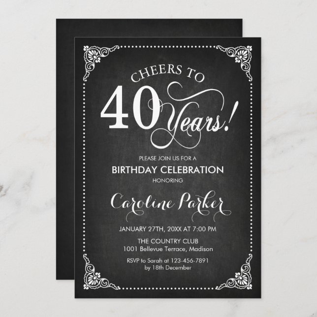 40th Birthday - Chalkboard White Invitation (Front/Back)