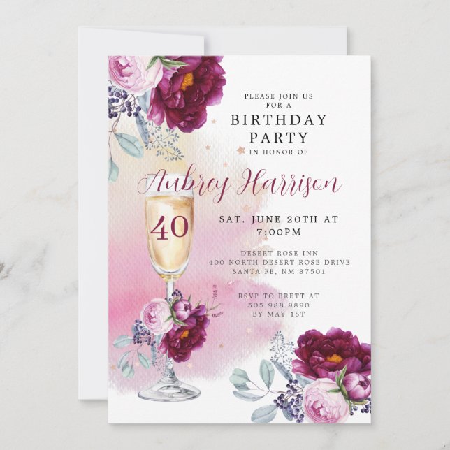 40th Birthday Champagne Glass Floral Birthday  Invitation (Front)