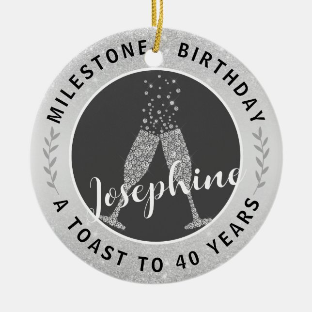  40th Birthday Champagne Toast Name Silver Grey Ceramic Ornament (Front)