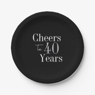 40th Birthday Cheers 40 Years Black Silver Party Paper Plate