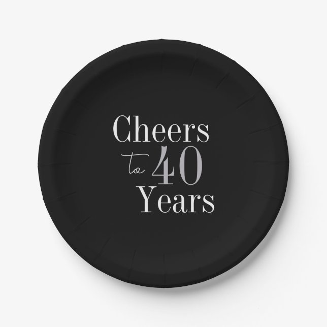 40th Birthday Cheers 40 Years Black Silver Party Paper Plate (Front)
