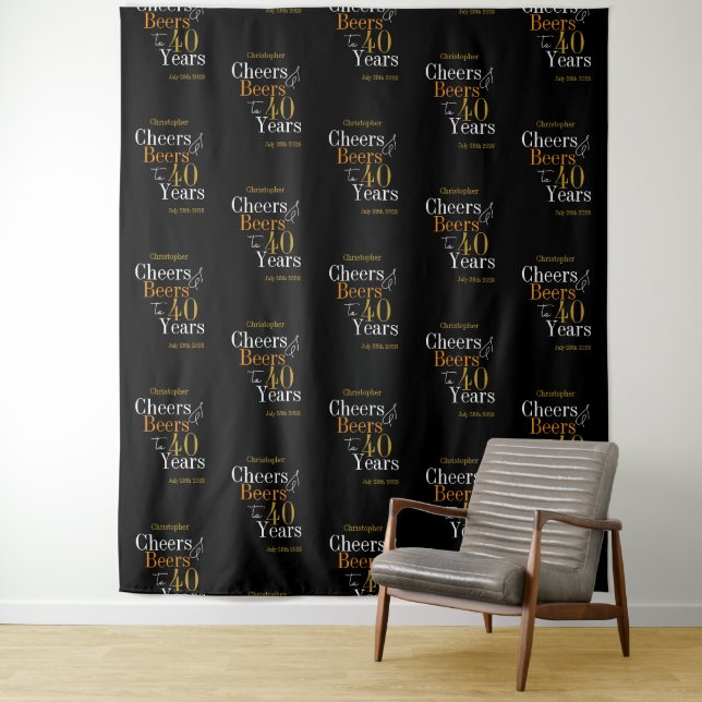 40th Birthday Cheers and Beers Backdrop Tapestry (In Situ)