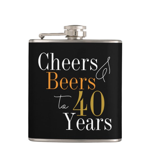 40th Birthday Cheers and Beers Black Gold Hip Flask (Front)