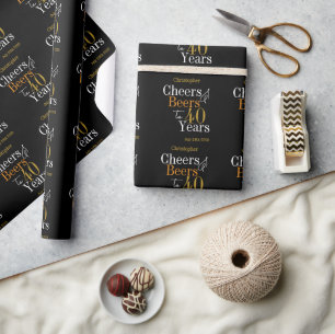 40th Birthday Cheers and Beers Black Gold Wrapping Paper