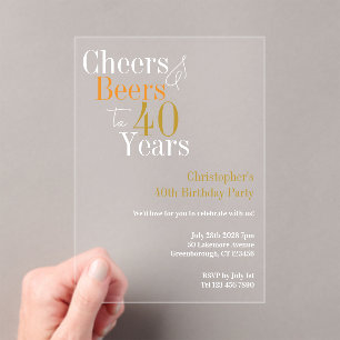 40th Birthday Cheers and Beers Party Acrylic Invitations