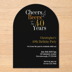 40th Birthday Cheers and Beers Party Black Gold Acrylic Invitations