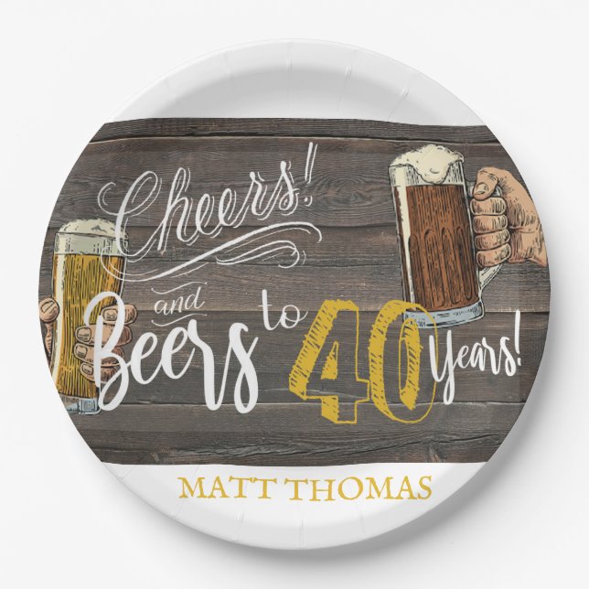 40th Birthday, Cheers and Beers party decor Paper Plate (Front)