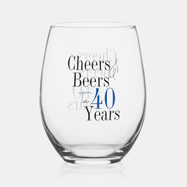 40th Birthday Cheers and Beers Simple Party Stemless Wine Glass (Front)
