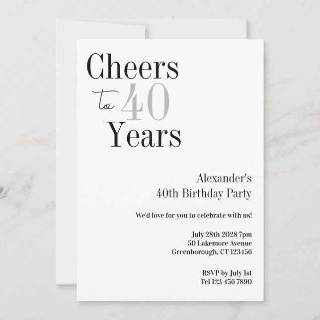 40th Birthday Cheers Minimal Birthday Party Invitation (Front)