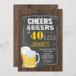 40th birthday, Cheers to 40 years beer party Invitation<br><div class="desc">[ANY AGE] You may edit the age.
Cheers and beer!!! Nothing is more fun than hosting a beer party. 
Get this stylish bar chalkboard design for a perfect 40th birthday beer party.
Theme colours - Yellow and white.
Background colour - retro chalkboard and rustic wood.</div>