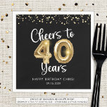 40th Birthday Cheers to 40 Years Black Gold Napkin<br><div class="desc">Celebrate a 40th birthday for him or her with these modern and festive personalised party paper napkins featuring the title CHEERS TO 40 YEARS with faux metallic gold balloon numbers and script typography, gold confetti and your custom text in your choice of background colour (shown in black). ASSISTANCE: For help...</div>