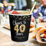 40th Birthday Cheers to 40 Years Black Gold Paper Cups<br><div class="desc">Celebrate a 40th birthday for him or her with these modern and festive personalised party paper plates featuring the title CHEERS TO 40 YEARS with faux metallic gold balloon numbers and script typography, gold confetti and your custom text in your choice of background colour (shown in black). ASSISTANCE: For help...</div>
