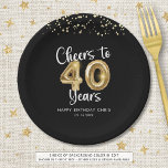40th Birthday Cheers to 40 Years Black Gold Paper Plate<br><div class="desc">Celebrate a 40th birthday for him or her with these modern and festive personalised party paper plates featuring the title CHEERS TO 40 YEARS with faux metallic gold balloon numbers and script typography, gold confetti and your custom text in your choice of background colour (shown in black). ASSISTANCE: For help...</div>