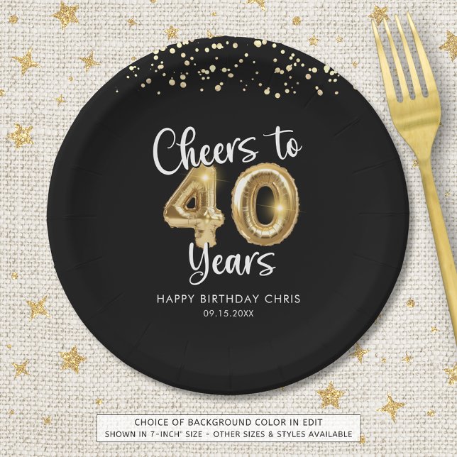 40th Birthday Cheers to 40 Years Black Gold Paper Plate (Creator Uploaded)