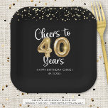 40th Birthday Cheers to 40 Years Black Gold Paper Plate<br><div class="desc">Celebrate a 40th birthday for him or her with these modern and festive personalised party paper plates featuring the title CHEERS TO 40 YEARS with faux metallic gold balloon numbers and script typography, gold confetti and your custom text in your choice of background colour (shown in black). ASSISTANCE: For help...</div>