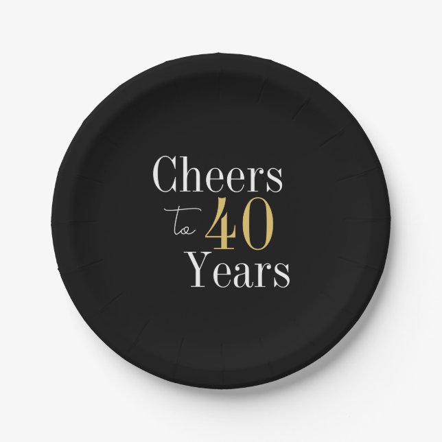40th Birthday Cheers to 40 Years Black Gold Party Paper Plate (Front)