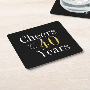 40th Birthday Cheers to 40 Years Black Gold Party Square Paper Coaster