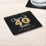 40th Birthday Cheers to 40 Years Black Gold Square Paper Coaster<br><div class="desc">Celebrate a 40th birthday for him or her with these modern and festive personalised party coasters featuring the title CHEERS TO 40 YEARS with faux metallic gold balloon numbers and script typography, gold confetti and your custom text in your choice of background colour (shown in black). ASSISTANCE: For help with...</div>