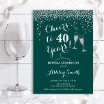 40th Birthday - Cheers To 40 Years Silver Green Invitation<br><div class="desc">40th Birthday Invitation. Cheers To 40 Years! Elegant design in dark green,  white and silver. Features champagne glasses,  script font and confetti. Perfect for a stylish fortieth birthday party. Personalise with your own details. Can be customised to show any age.</div>