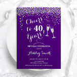 40th Birthday - Cheers To 40 Years Silver Purple Invitation<br><div class="desc">40th Birthday Invitation. Cheers To 40 Years! Elegant design in purple,  white and silver. Features champagne glasses,  script font and confetti. Perfect for a stylish fortieth birthday party. Personalise with your own details. Can be customised to show any age.</div>