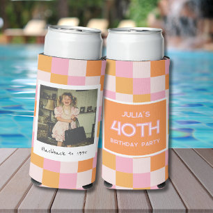 40th Birthday Chequered Pink and Orange Can Cooler