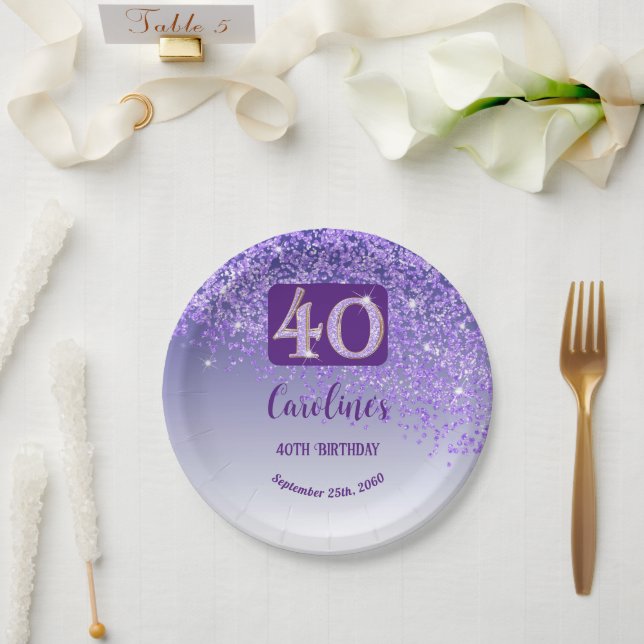 40th Birthday Chic Falling Purple Glitter Paper Plate (Wedding)