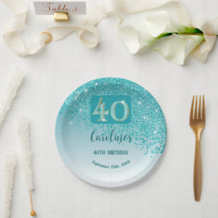 40th Birthday Chic Falling Teal Blue Glitter Paper Plate