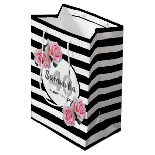 40th birthday chic pink roses black white stripes medium gift bag