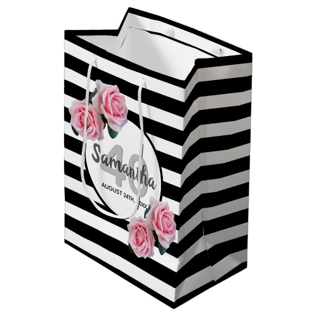40th birthday chic pink roses black white stripes medium gift bag (Front Angled)