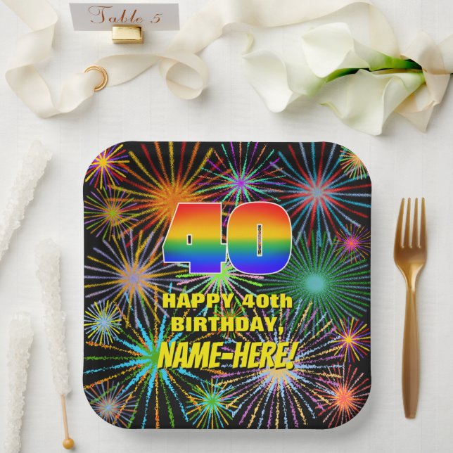 40th Birthday: Colourful, Fun Celebratory Firework Paper Plate (Wedding)