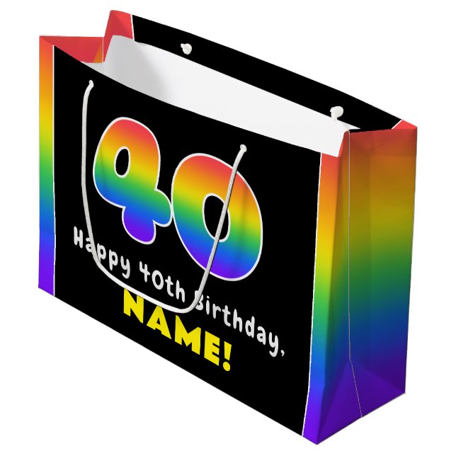 40th Birthday: Colourful Rainbow # 40, Custom Name Large Gift Bag (Front Angled)
