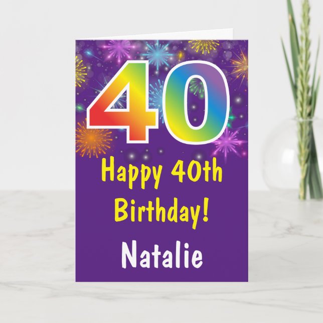 40th Birthday Colourful Rainbow Fireworks Purple Card (Front)