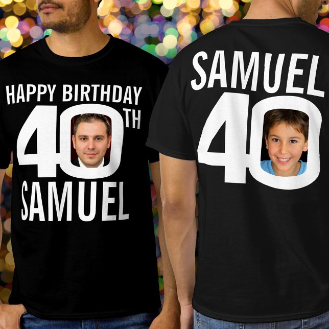 40th birthday custom name photo template white  T-Shirt (Add your name, plus two photos to both sides, then and now!)