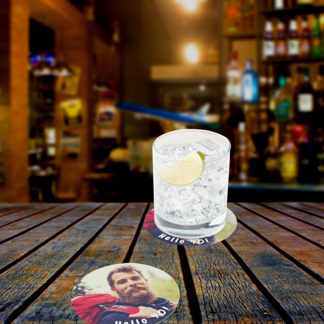 40th birthday custom photo hello 40 guys men round paper coaster (Creator Uploaded)