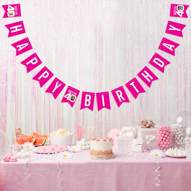 40th Birthday custom photo pink white Bunting (Creator Uploaded)