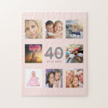 40th birthday custom photo rose gold blush pink jigsaw puzzle<br><div class="desc">A unique 40th birthday gift or keepsake, celebrating her life with a collage of 8 of your photos. Add images of her family, friends, pets, hobbies or dream travel destination. Personalize and add a name, age 40 and a date. Gray and dark rose gold colored letters. Elegant and trendy blush...</div>