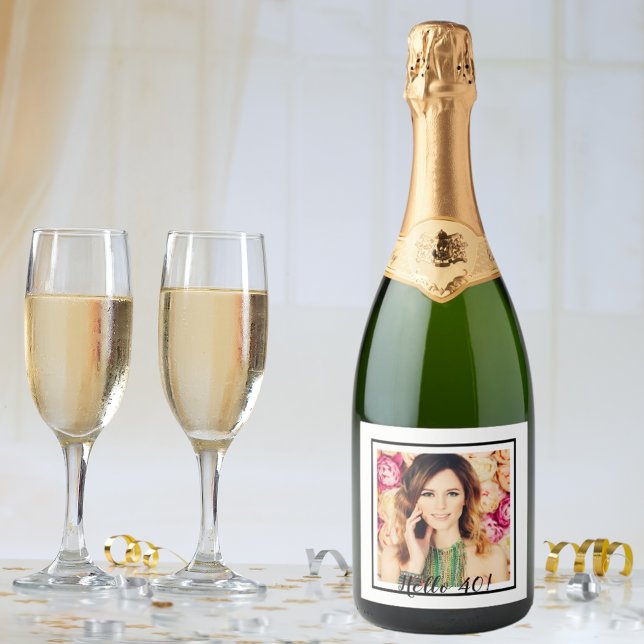 40th birthday custom photo white black sparkling wine label (Creator Uploaded)
