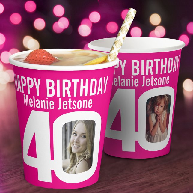 40th birthday custom two photo pink white paper cups (Creator Uploaded)