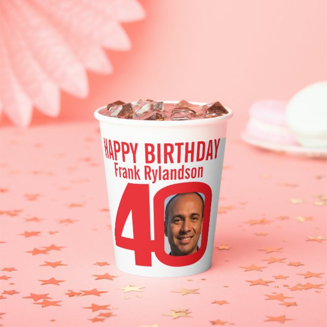40th birthday custom two photo red white paper cups (Insitu)