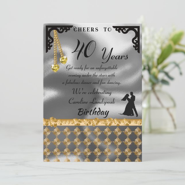 40th Birthday Dance Party Silver Foil, Yellow Hear Invitation (Standing Front)