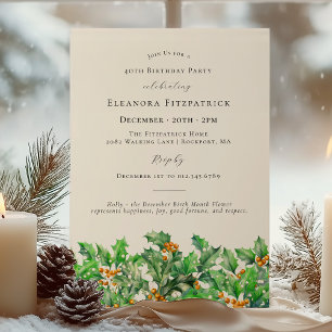 40th Birthday December Birth Month Flower Holly Invitation