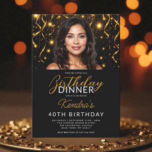 40th Birthday Dinner Gold and Black Photo Invitation