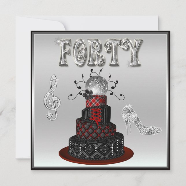 40th Birthday Disco Diva Cake Silver Sparkle Heels Invitation (Front)