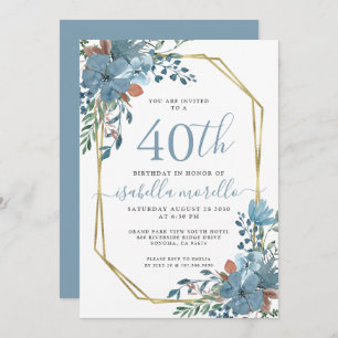 40th Birthday Dusty Blue Floral  Invitation