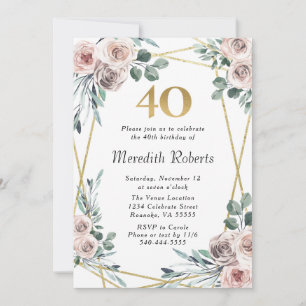 40th Birthday Dusty Rose Floral Eucalyptus Party Invitation