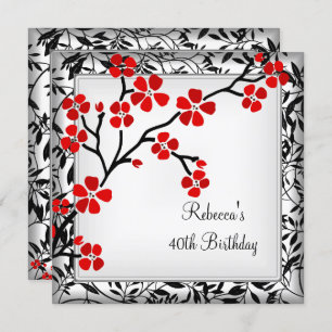 40th Birthday Elegant Asian Red Flowers White Invitation