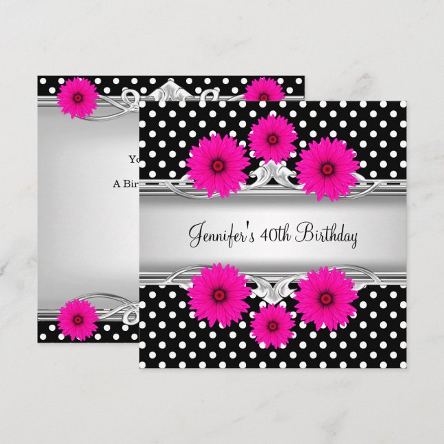 40th Birthday Elegant Black White spot Pink floral Invitation (Front/Back)