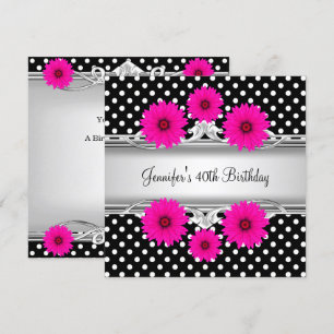 40th Birthday Elegant Black White spot Pink floral Invitation
